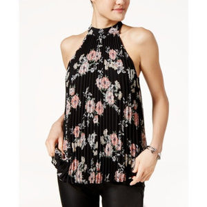 Lily Black Pleated Floral Top Mock Medium
